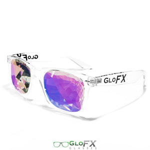 Clear frame Wayfarer Ultimate Kaleidoscope Glasses with Rainbow Tinted Lenses, by GloFX.