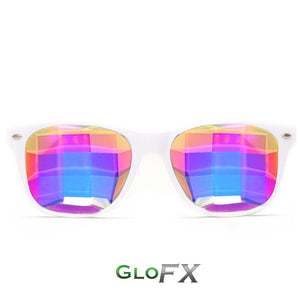 White frame Wayfarer Kaleidoscope Glasses with Ultimate Bug Eye Rainbow Tinted Lenses, by GloFX.