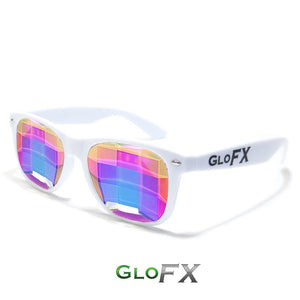 White frame Wayfarer Kaleidoscope Glasses with Ultimate Bug Eye Rainbow Tinted Lenses, by GloFX.