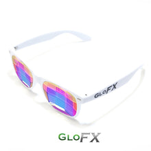 Load image into Gallery viewer, White frame Wayfarer Kaleidoscope Glasses with Ultimate Bug Eye Rainbow Tinted Lenses, by GloFX.