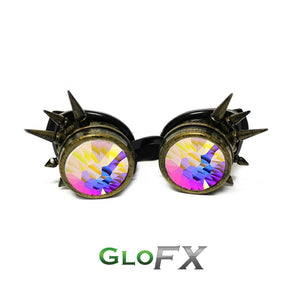 Brass Spike Kaleidoscope Goggles with Rainbow Fractal Lenses, by Glo FX.