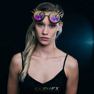 Brass Spike Kaleidoscope Goggles with Rainbow Fractal Lenses, by Glo FX.