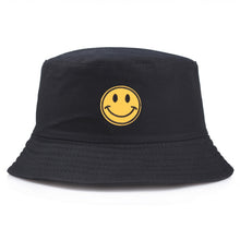Load image into Gallery viewer, Black Bucket Hat with Yellow Smiley Face Embroidery