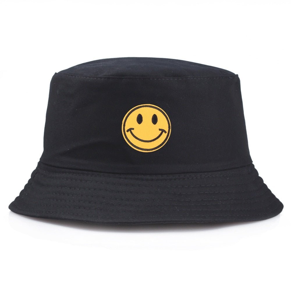 Black Bucket Hat with Yellow Smiley Face Embroidery