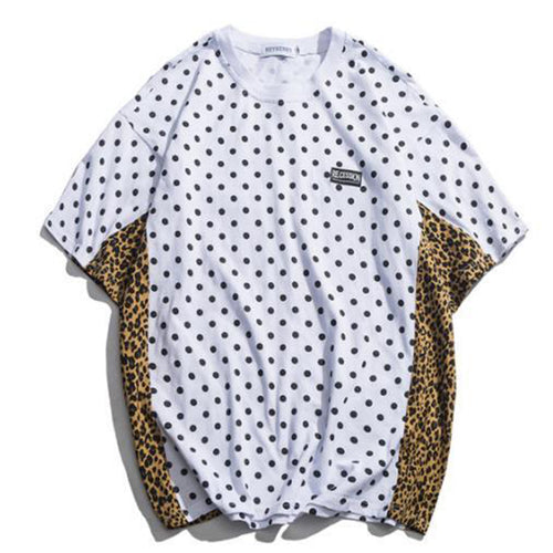 Splice Polka Dot & Leopard Print Men's T Shirt - White