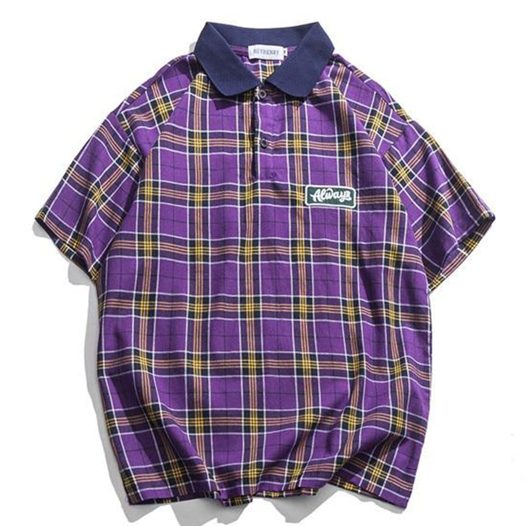 Casual Men's Tartan Polo Shirt - Purple