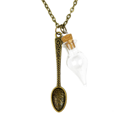 Money Spoon with Glass Cork Vial Chain Necklace - Antique Bronze
