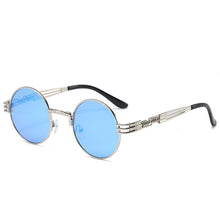 Load image into Gallery viewer, Silver Trapper Sunglasses with Blue Lenses, black detail