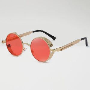 Steaming - Men's Steampunk Party Sunglasses - Gold Frames + Red Lenses