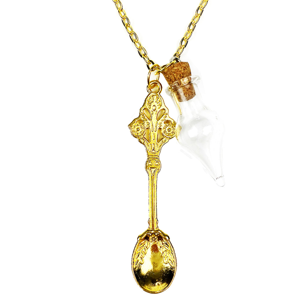 Roman Reef Spoon with Glass Cork Vial Chain Necklace - Gold